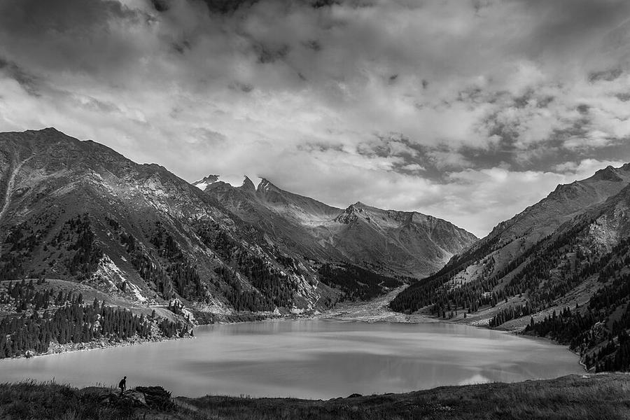 Mountain lake with cloud sky